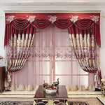 Rideaux élégants en tissu brodé avec motifs floraux, couleur bordeaux et or, dotés de draperies luxueuses et de détails raffinés pour une décoration intérieure sophistiquée. Idéal pour ajouter une touche de glamour à votre salon ou chambre à coucher, ces rideaux offrent à la fois style et fonctionnalité en fournissant intimité et contrôle de la lumière naturelle.