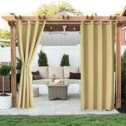 rideau extérieur soleil beige doré tissu texturé opacité totale pergola patio métalliquesextérieurDecoration