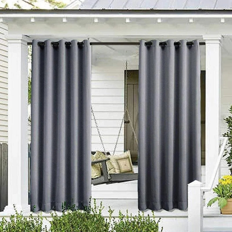 Rideaux d'extérieur gris pour terrasses et balcons, parfaits pour créer des espaces intimes et élégants tout en protégeant du soleil. idéaux pour ajouter une touche moderne et sophistiquée à votre espace extérieur avec facilité d'installation et entretien minimal.