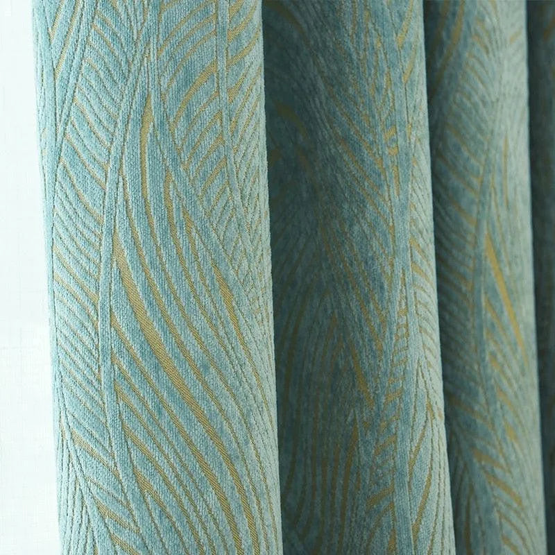 Rideaux élégants au design de feuilles en relief, teinte bleu-vert. Accessoire décoratif idéal pour un intérieur moderne et raffiné, apporte une touche de sophistication et de fraîcheur à votre espace de vie.