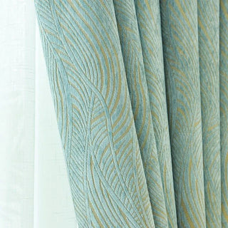 rideau fenêtre cuisine moderne opaque turquoise doré blanc motif végétal texturé élégant plis flamands