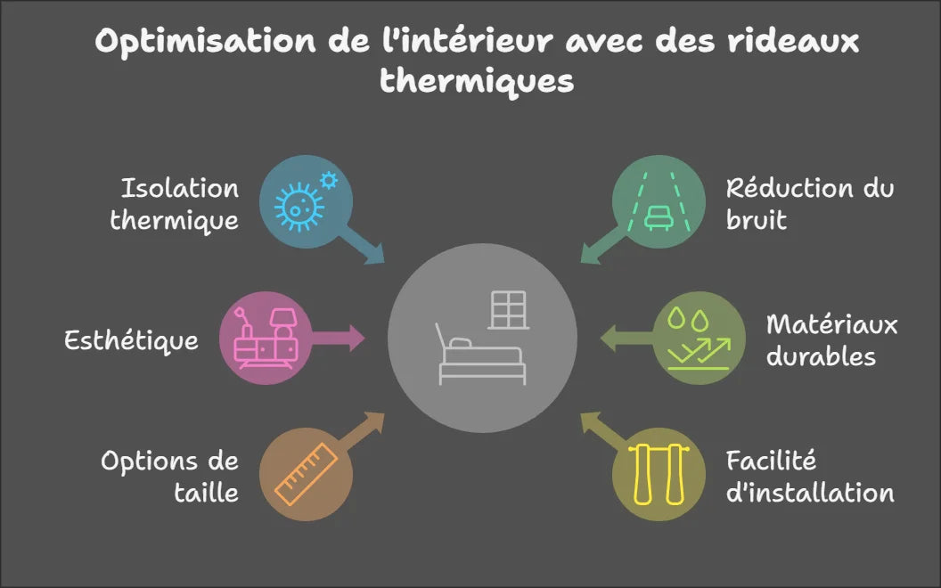Image présentant les avantages des rideaux thermiques pour l'optimisation intérieure. Ils offrent une isolation thermique efficace, réduisent le bruit et sont conçus avec des matériaux durables. Disponibles en plusieurs tailles, ils allient esthétique et fonctionnalité tout en étant faciles à installer. Parfaits pour améliorer le confort de votre espace de vie.