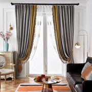 rideau gris jaune velours motif géométrique transparent élégant tissu décoratif tringle