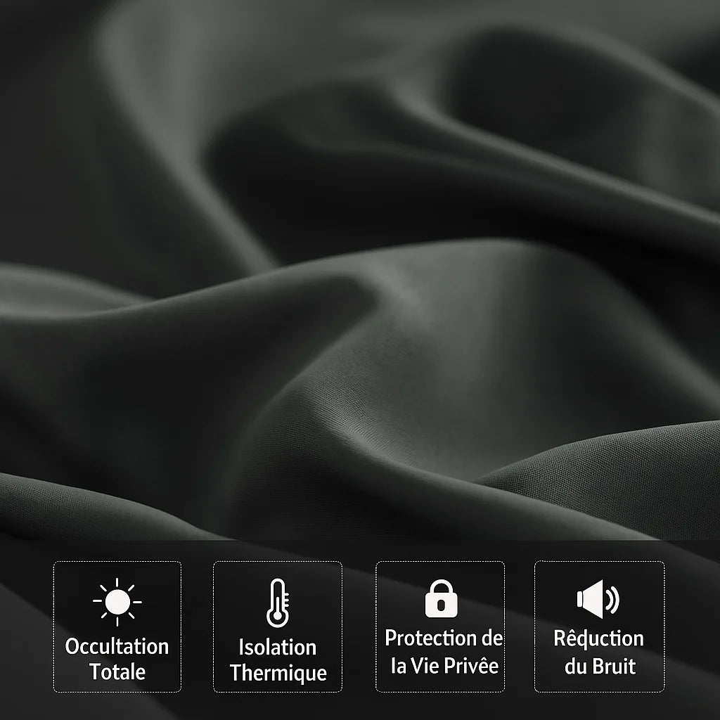 Tissu gris opaque avec une finition lisse, illustrant les avantages du rideau : occultation totale, isolation thermique, protection de la vie privée et réduction du bruit.