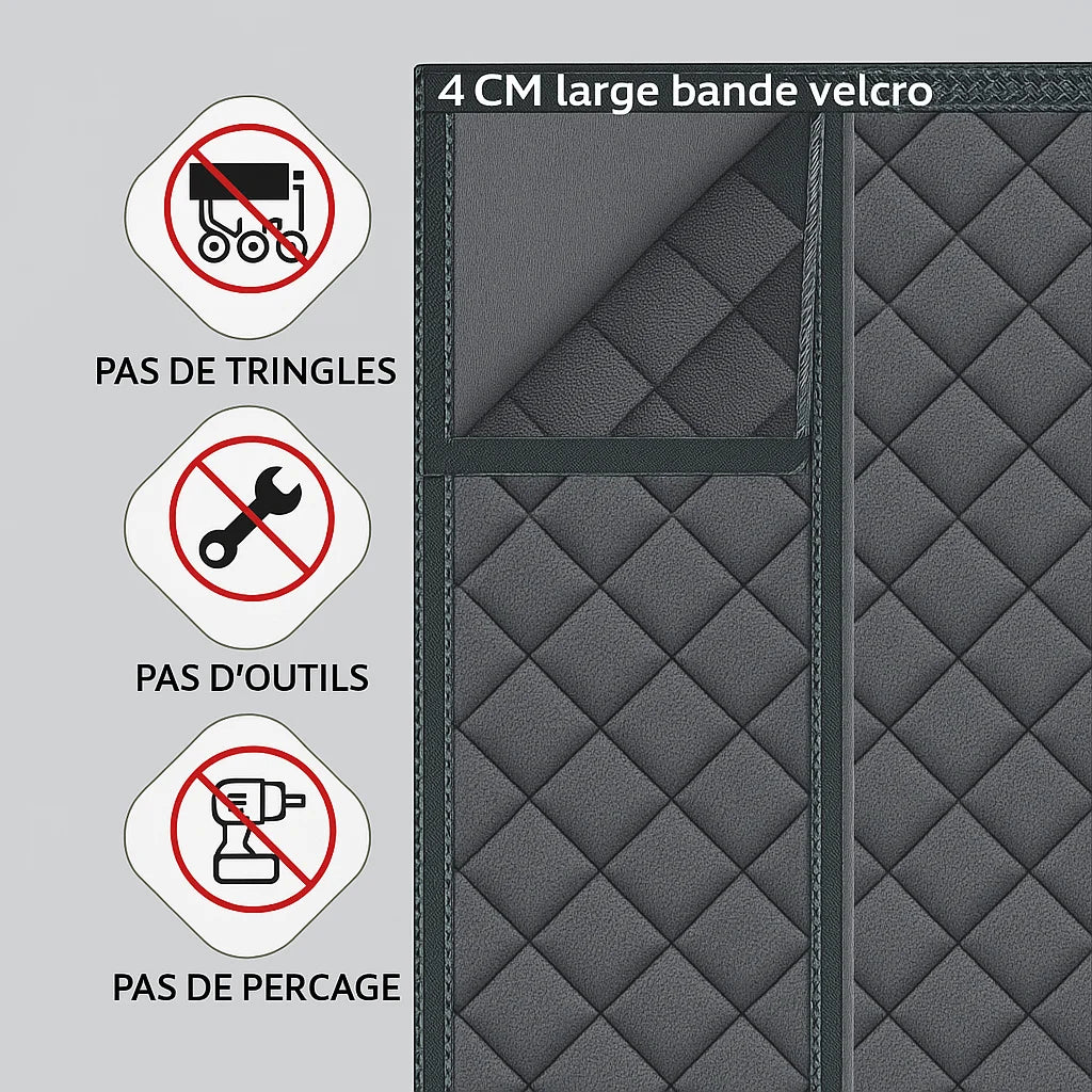Zoom sur un rideau isolant gris foncé en tissu matelassé avec bande velcro de 4 cm. Icônes explicatives à gauche précisant : “Pas de tringles”, “Pas d’outils”, “Pas de perçage” pour l’installation.