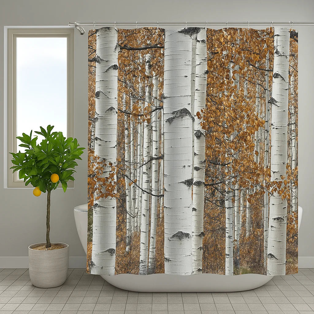 Rideau de douche imprimé forêt de bouleaux avec feuillage automnal doré, installé dans une salle de bain lumineuse avec une plante en pot à gauche.