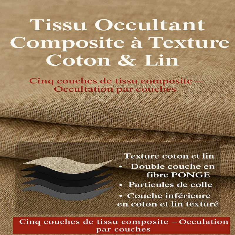 Tissu occultant composite à texture coton et lin, illustrant les cinq couches de protection pour un effet d’occultation renforcé.