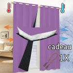 Rideaux thermiques violets avec coupe illustrée montrant la couche isolante intérieure, flèches symbolisant l’isolation contre le froid et la chaleur, avec cordelette offerte en cadeau.