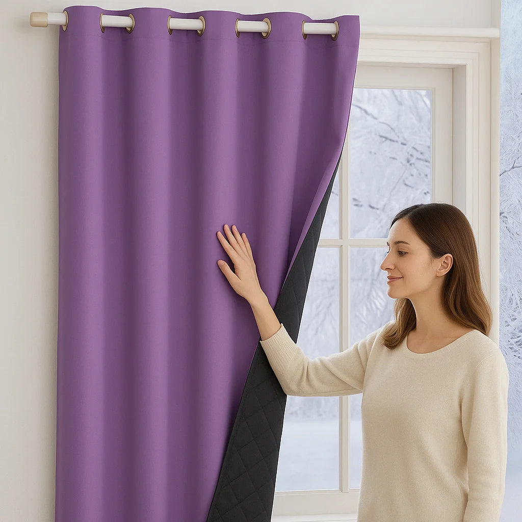 Femme touchant un rideau thermique violet doublé de tissu matelassé noir, suspendu à une tringle à œillets devant une fenêtre hivernale.