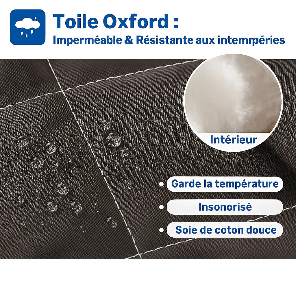 Gros plan sur une toile Oxford imperméable marron avec des gouttelettes d’eau visibles, accompagnée de pictogrammes soulignant son isolation thermique, son insonorisation et sa doublure douce en soie de coton.