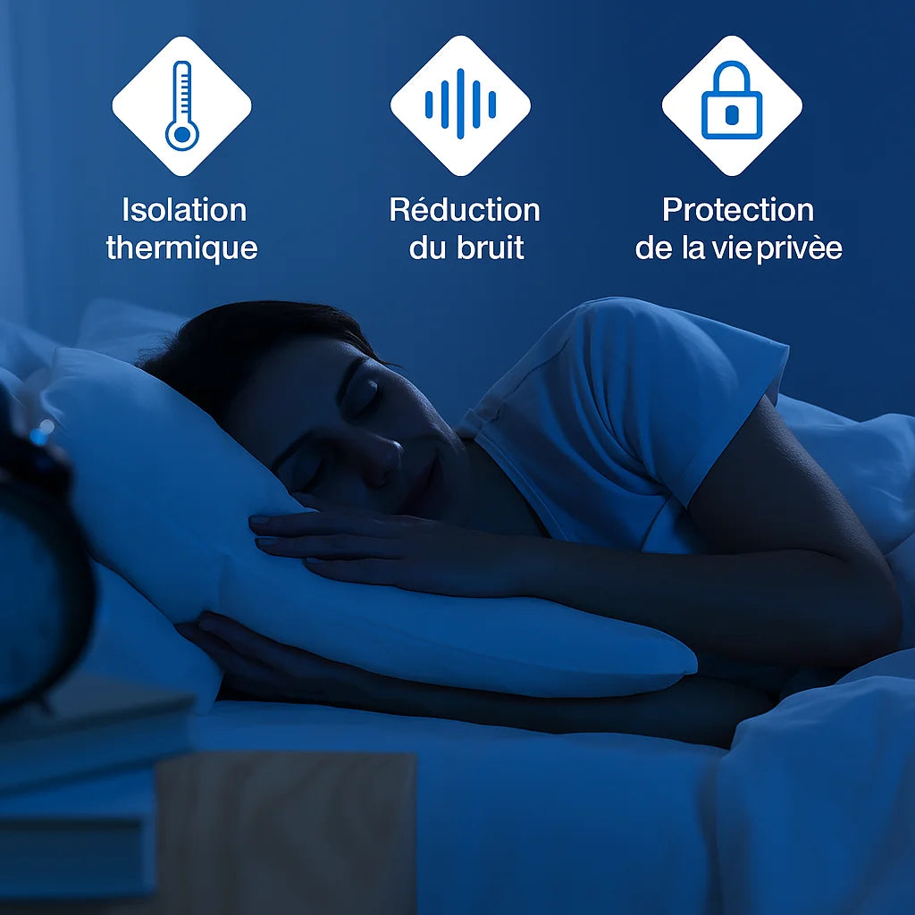 Femme dormant paisiblement dans une chambre sombre, illustrant les bienfaits d’un rideau isolant en matière de confort thermique, réduction du bruit et préservation de la vie privée.