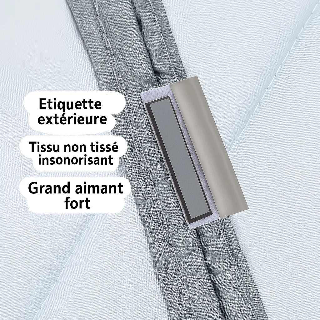 Système magnétique renforcé du rideau de porte, composé d’un aimant puissant, d’un tissu non tissé insonorisant et d’un revêtement extérieur robuste.