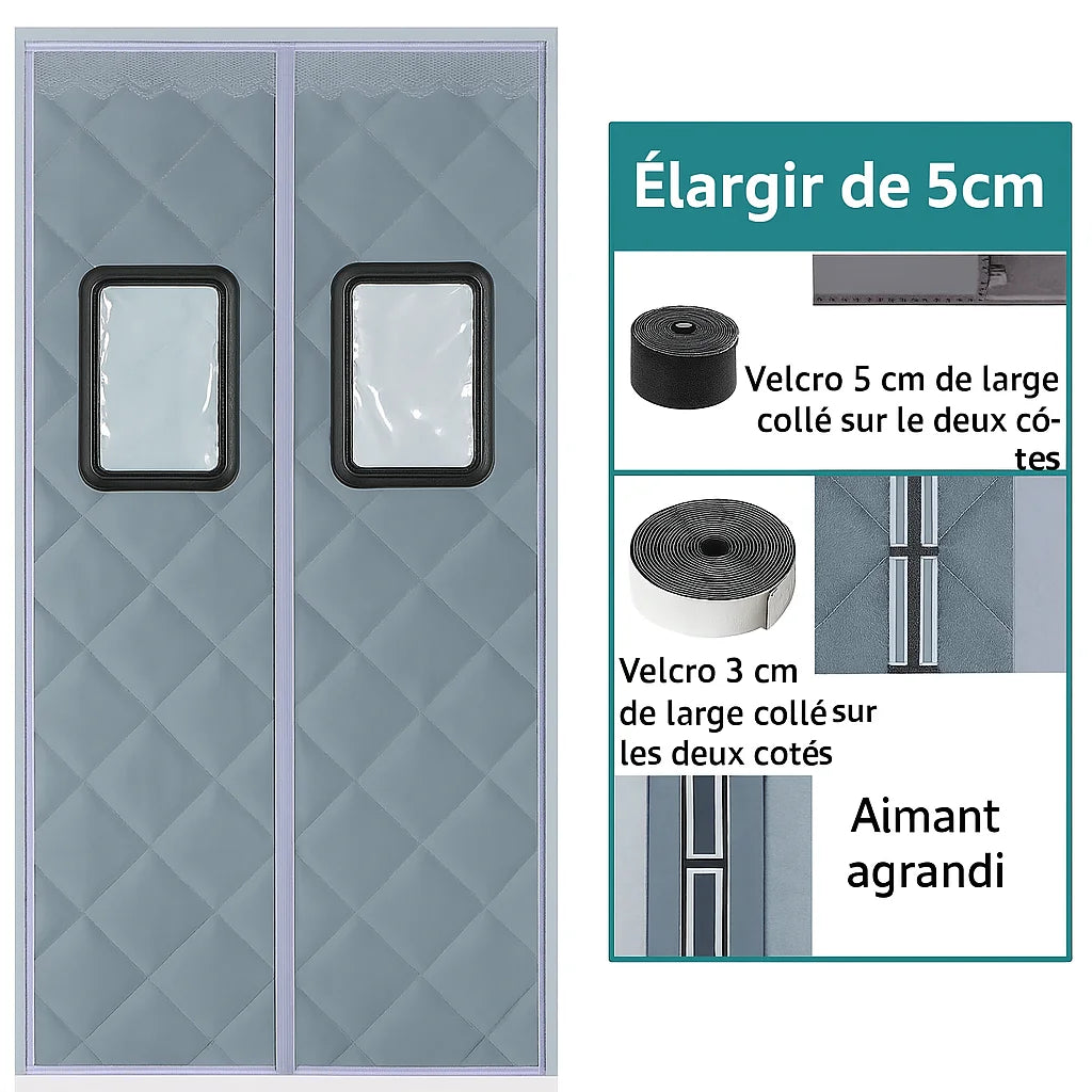Rideau de porte gris isolant avec fenêtres transparentes, système de fixation par velcro et aimants agrandis pour une meilleure étanchéité thermique.