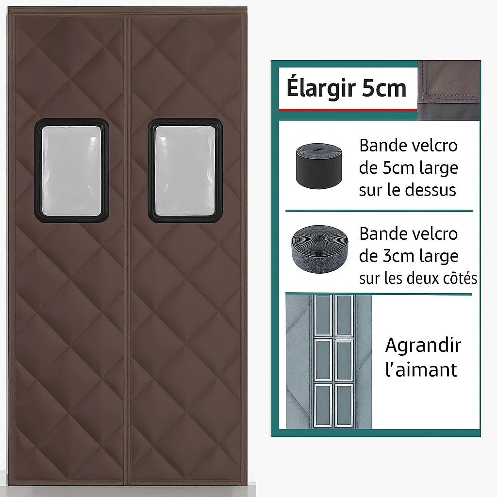 Porte isolante marron avec fenêtres transparentes, accompagnée d’un guide visuel indiquant les améliorations : élargissement de 5 cm, bandes velcro de 5 cm en haut et 3 cm sur les côtés, et aimants agrandis pour une meilleure fermeture.