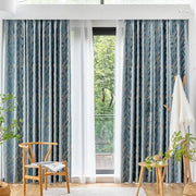 rideau jacquard bleu motifs végétaux semi opaque voilage transparent moderne élégant poignée main dorée