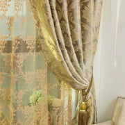 rideau transparent motif floral beige or vert élégant classique opacité satiné
