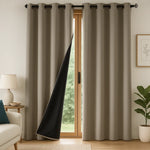 Rideaux occultants khaki avec doublure noire, installés sur une grande baie vitrée en bois, apportant une touche élégante et sobre à un salon moderne.
