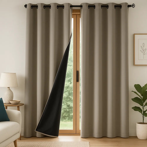 Rideaux occultants khaki avec doublure noire, installés sur une grande baie vitrée en bois, apportant une touche élégante et sobre à un salon moderne.