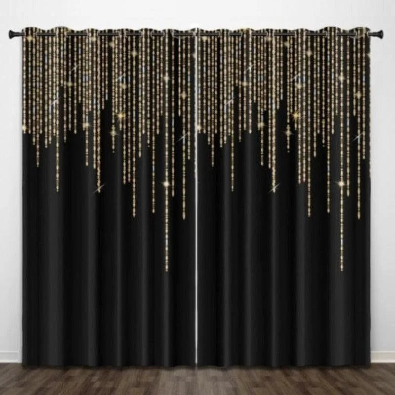 Rideaux élégants noirs avec motifs dorés scintillants, parfaits pour ajouter sophistication et style à votre intérieur. Ces rideaux modernes offrent une ambiance luxueuse et chaleureuse à votre salon ou chambre à coucher. Idéal pour créer un effet spectaculaire dans votre décoration intérieure.