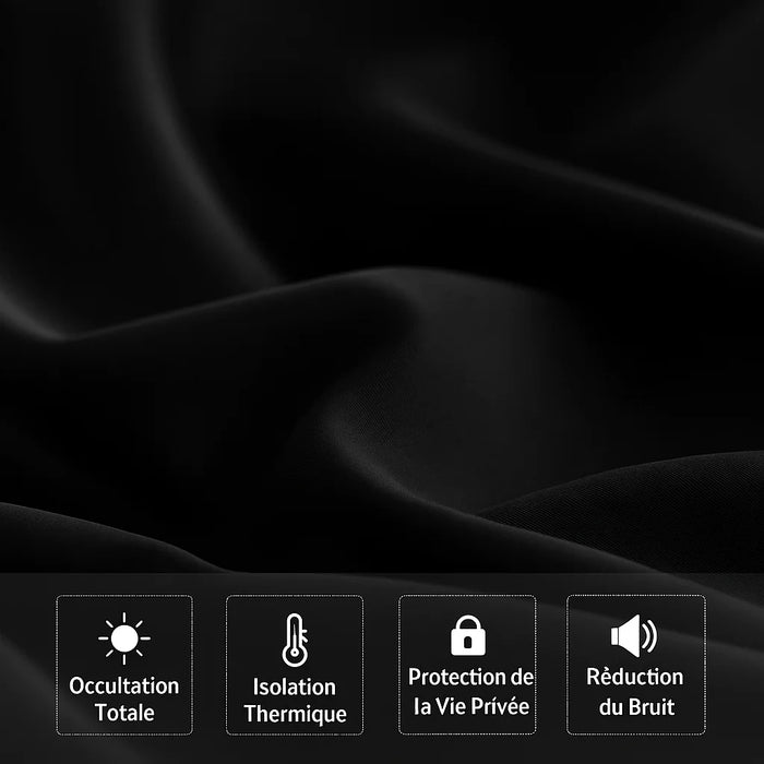 Tissu noir épais en gros plan illustrant les propriétés occultantes, thermiques, anti-bruit et protectrices de la vie privée.