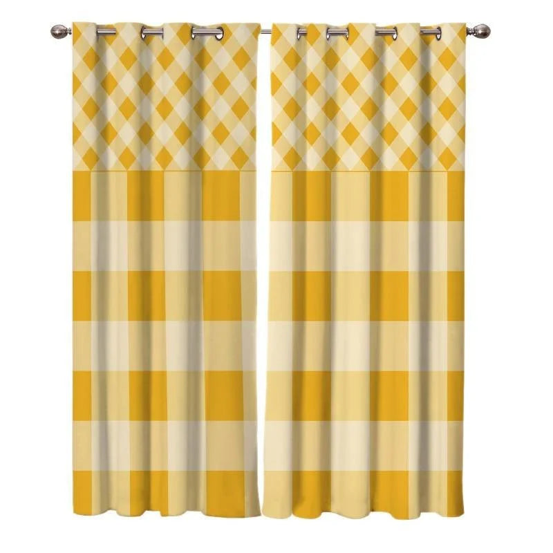 Paire de rideaux à motifs géométriques jaunes et blancs, parfaits pour ajouter une touche de couleur et de style à votre intérieur. Conception moderne avec œillets pour une installation facile. Idéal pour salon, chambre ou salle à manger.