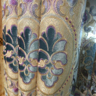 rideau occultant floral opaque beige bleu violet doré orange métallique plis flamands passe tringle