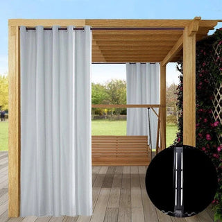 rideau extérieur moderne semi transparent blanc bordure noire øellets tringle détente jardin