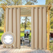 rideau extérieur occultant pergola beige clair tissu texturé opacité métalliques bords ourlés gouttes d'eau