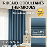 Rideaux occultants thermiques bleu effet lin avec 99% d'occultation, tissu doux et qualité supérieure.