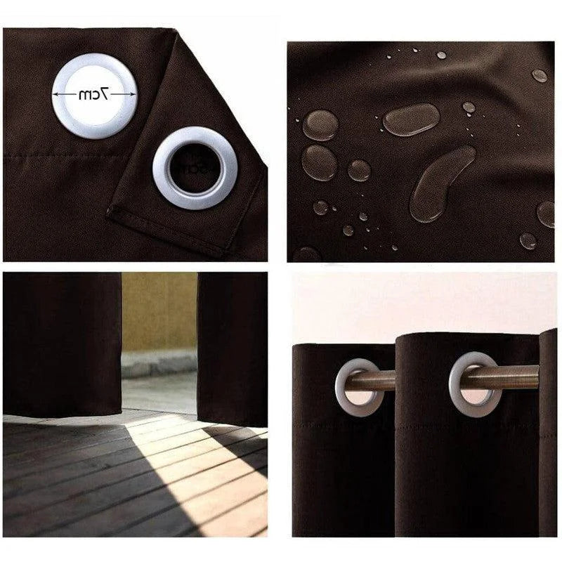 Rideau occultant marron avec œillets, imperméable, idéal pour bloquer la lumière et assurer l'intimité. Convient pour les salons, chambres ou bureaux, facile à installer sur une tringle. Accessoire décoratif et fonctionnel pour une ambiance moderne et chaleureuse.
