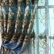 rideau occultant bleu motifs floraux semi transparent galon doré métalliques