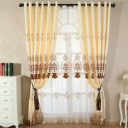 rideau occultant opaque motifs floraux brodés texture satinée voilage transparent classique pompons décoratifs