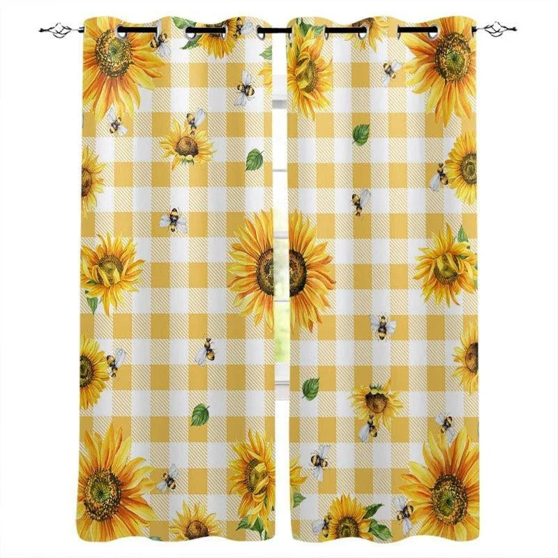 Rideaux décoratifs motif tournesols et abeilles, design à carreaux jaunes et blancs, parfaite pour ajouter une touche rustique et charmante à votre intérieur. Idéal pour apporter chaleur et luminosité à votre salon ou chambre à coucher.
