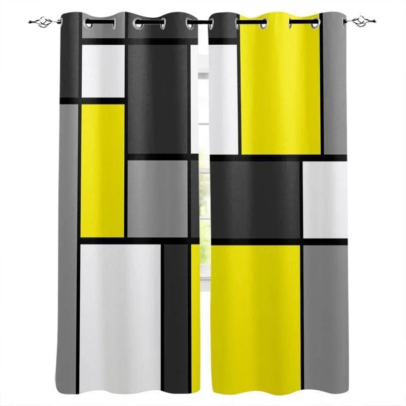 Rideaux modernes avec motifs géométriques jaune, gris et blanc, parfaits pour ajouter une touche de style contemporain à votre salon ou chambre. Ces rideaux à œillets s'installent facilement et s'adaptent à divers types de décoration intérieure. Accessoire idéal pour contrôler la lumière tout en apportant une esthétique unique à votre espace.