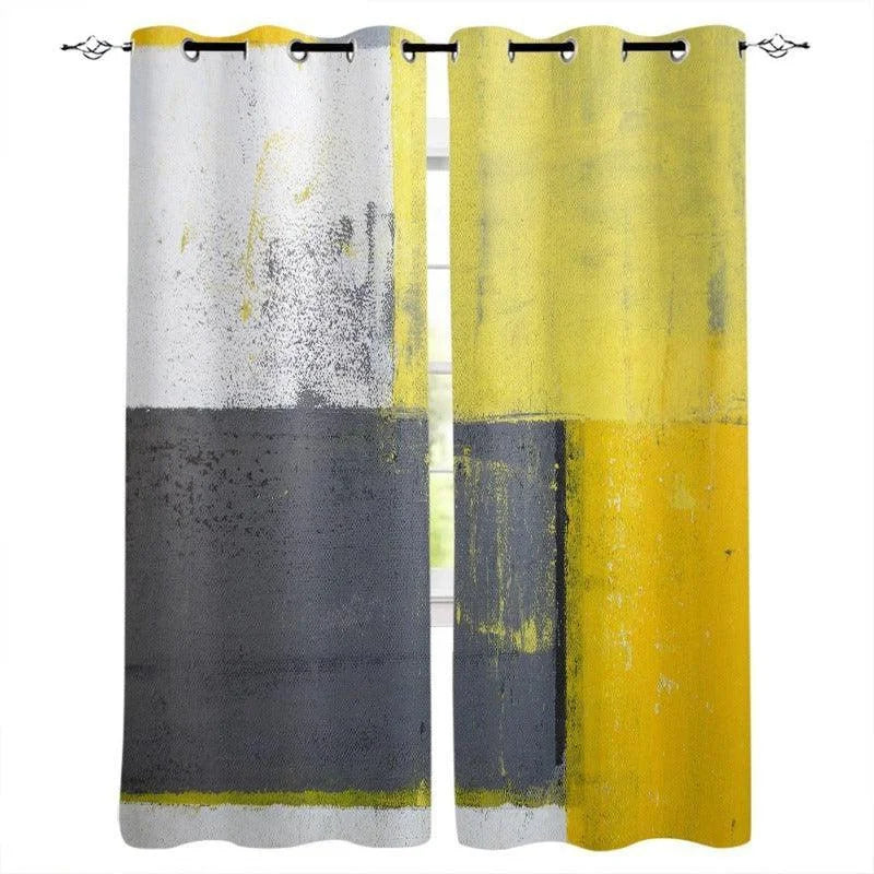 Paire de rideaux modernes avec un design abstrait en gris, blanc et jaune. Parfaite pour ajouter une touche contemporaine et dynamique à votre intérieur. Idéale pour le salon ou la chambre, elle offre une ambiance élégante et audacieuse. Solution décorative pour améliorer l'esthétique de vos fenêtres tout en contrôlant la luminosité.