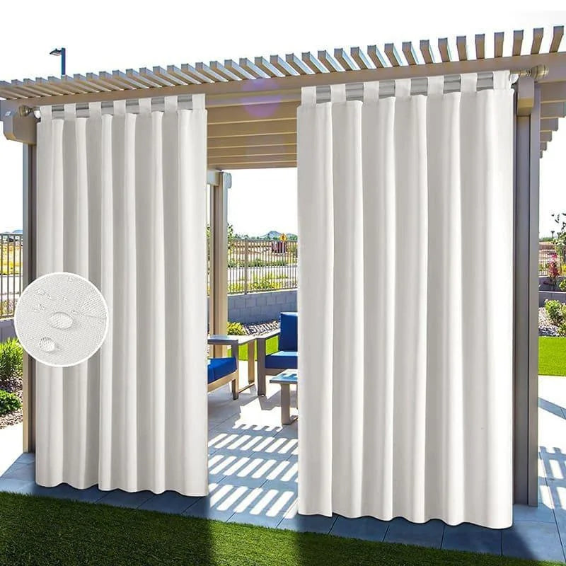 Rideaux imperméables pour pergola extérieure, couleur blanche, idéals pour protéger votre espace de détente des intempéries, créant une atmosphère intime dans votre jardin. Accessoire décoratif et fonctionnel pour améliorer votre espace extérieur.