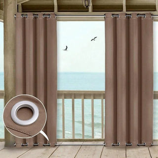 rideau pergola marron argenté opacité moderne tissu texturé gouttes d'eau fleurs blanches structure métallique