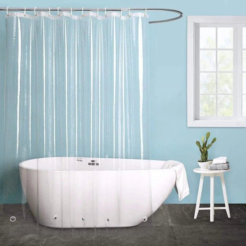 Rideau de douche transparent moderne pour salle de bain élégante. Design épuré et chic s'intégrant parfaitement dans un espace bain contemporain. Idéal pour garder l'eau à l'intérieur de la baignoire tout en apportant une touche de lumière et de clarté à la pièce. Accessoire indispensable pour optimiser la décoration de votre salle de bain.