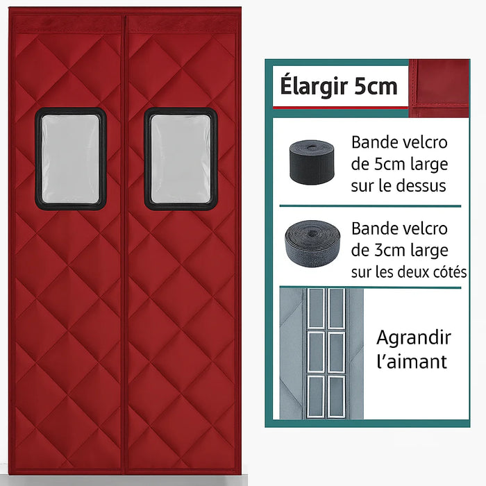 Rideau isolant rouge matelassé avec fenêtres transparentes, accompagné d’un panneau explicatif en français indiquant l’élargissement de 5 cm, les bandes velcro de 5 cm en haut et de 3 cm sur les côtés, ainsi qu’un agrandissement de l’aimant pour une meilleure fermeture.