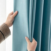 rideau moderne bleu turquoise texturé plis verticaux transparent voilage opaque baie vitrée