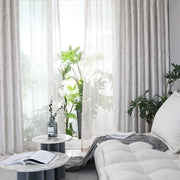 rideau moderne semi transparent motif graphique beige gris dressing voilage plis flamands liens nouer