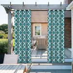 Rideaux extérieurs décoratifs, design géométrique bleu et blanc, idéals pour pergolas et jardins. Créez une atmosphère élégante et intime pour les espaces de vie en plein air. Parfaits pour apporter une touche de style moderne à votre patio ou balcon.