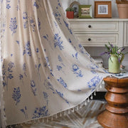 rideau fenetre motif floral bleu beige pompons decoratif champêtre