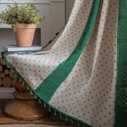 rideau fenetre angle beige motif floral bordure verte franges opacité
