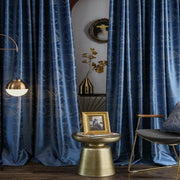 rideau decoratif industriel bleu doré motif floral texturé élégant semi transparent adaptable passe tringle