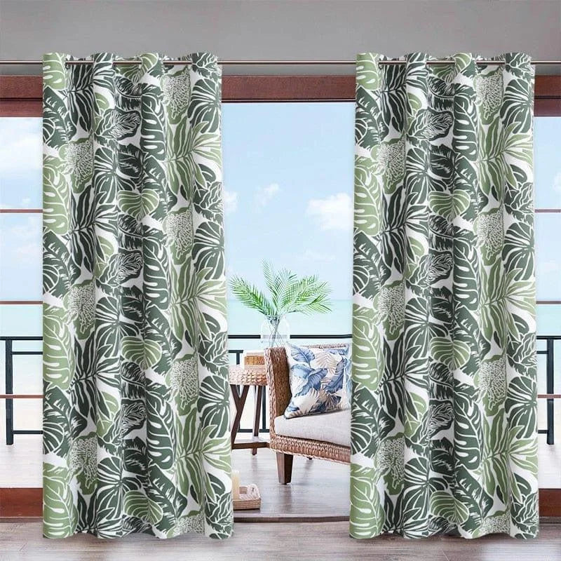 Rideaux décoratifs à motif tropical vert et blanc, parfaits pour ajouter une touche d'élégance exotique à votre intérieur. Idéals pour des portes-fenêtres ou des baies vitrées offrant une vue sur l'extérieur, ces rideaux créent une atmosphère apaisante et naturelle dans votre salon ou votre chambre.