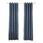 Rideau bleu à motifs géométriques élégant et moderne, idéal pour la décoration intérieure de salon ou chambre, ajoutant une touche de style et de couleur à votre espace.