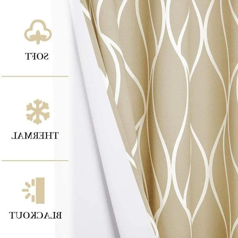 Rideau occultant beige avec motifs ondulés blancs, idéal pour bloquer la lumière et offrir une isolation thermique efficace. Parfait pour embellir votre intérieur tout en garantissant confort et intimité. Convient aux chambres à coucher, salons ou bureaux.