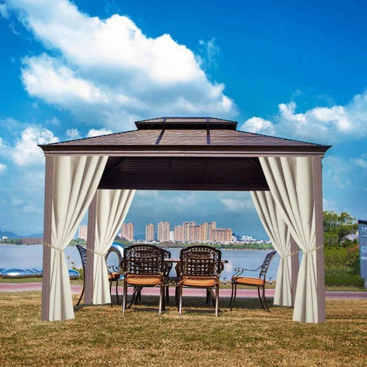 Pavillon de jardin élégant avec rideaux, idéal pour les réceptions en extérieur. Offre un espace ombragé et protégé, parfait pour les activités estivales en plein air. Son design intemporel s'intègre facilement dans tout type de jardin, apportant confort et convivialité. Profitez de moments inoubliables sous ce pavillon raffiné avec vue sur un paysage urbain et un cadre naturel.