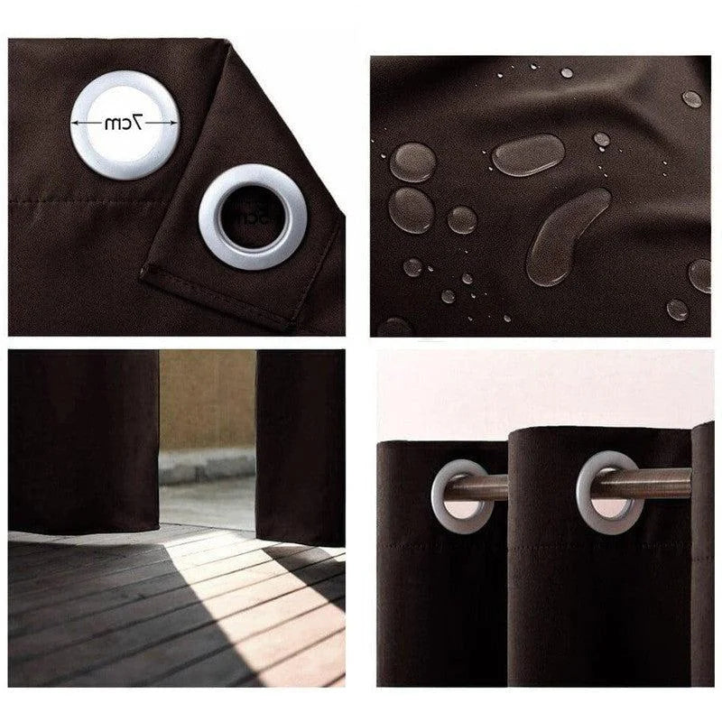 Rideau extérieur imperméable marron avec oeillets, protection solaire, design élégant, parfait pour terrasse et jardin. Taille expressément mentionnée dans l'image, adapté pour utilisation en plein air et résistance aux intempéries. Idéal pour créer un espace ombragé tout en ajoutant une touche esthétique à votre extérieur.